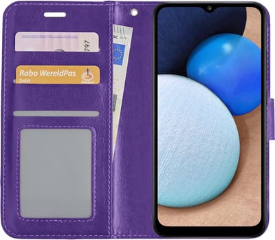 Hoesje - Met Pasjeshouder - Geschikt voor Samsung Galaxy A02s - Luxe Bookcase Portemonee - Flip Case - Kunstleer Book Case - Flipcase - Book Cover - Walletcase - Portemonneehoes - Paars