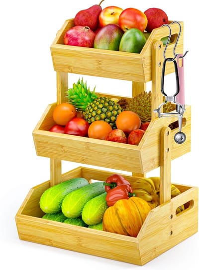 Bamboe fruitmand - Fruitschaal opslag - Keuken organiseren - 3 niveaus luchtcirculatie - 30x25x27 cm - Natuurlijk