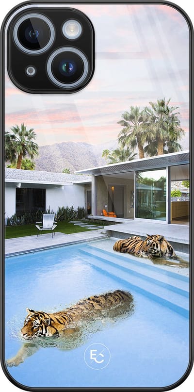 Hoesje geschikt voor iPhone 14 - Tijger zwembad - Luxe Hard Case - Print - Blauw - ELLECHIQ