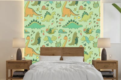 Behang - Fotobehang Patronen - Dino - Groen - Jongetje - Kind - Kinderen - Kids - Breedte 240 cm x hoogte 240 cm