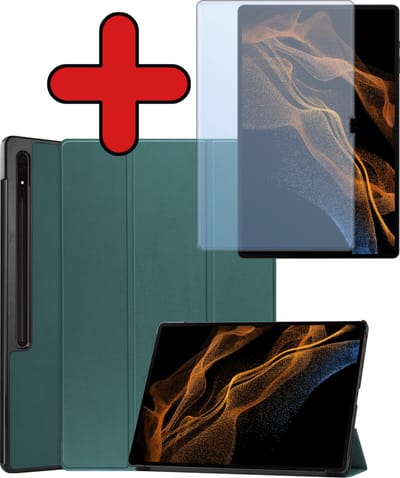 Hoesje - Geschikt voor Samsung Galaxy Tab S9 Ultra - Met Screenprotector - Trifold Bookcase Hoes - Hard Cover Case - Met Uitsparing Geschikt voor S Pen - Hardcover Book - Tablethoes - Donkergroen