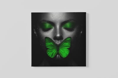 Vierkant Canvas Schilderij - Vrouw met Groene Vlinder - Wall Art - 100x100 cm