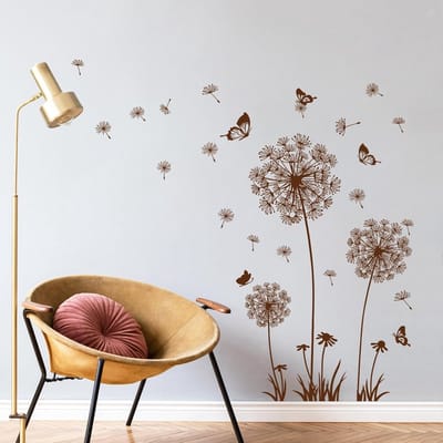 Dandelion Wanddecoratie met Bruine Bloemen en Vlinders voor Slaapkamer en Woonkamer - Muurstickers en Wandkunst voor een Stijlvolle Interieurverandering
