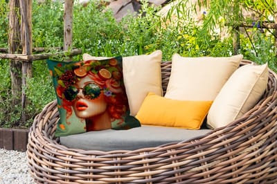 Buitenkussen - Vrouw - Sinaasappel - Bessen - Oranje - 45x45 cm - Weerbestendig