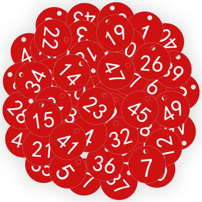 Kunststof nummerlabels, 50 stuks gegraveerde genummerde labels, ID-schijven voor hotel, brievenbus, sportschool, school, kantoor (1-50 rood)