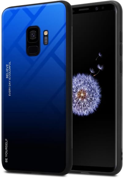 Cadorabo Hoesje geschikt voor Samsung Galaxy S9 in BLAUW - ZWART - Tweekleurige beschermhoes van TPU-silicone Case Cover en achterzijde van gehard glas
