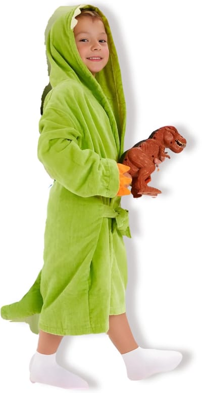 BoefieBoef Dinosaurus Groen Baby Badjas Kinderen 1-3 Jaar – Zachte Katoenen Ochtendjas met Capuchon – Absorberende Handdoek Badcape – Warme Peuter Badjas voor Waterpret, Na Bad & Zwemles – Jongens & Meisjes – Perfect Cadeau in 4 Kleuren!