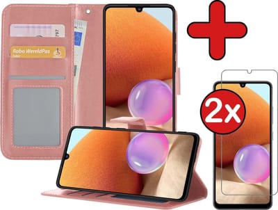 Hoesje - Met 2x Screenprotector - Geschikt voor Samsung Galaxy A32 4G - Luxe Pasjeshouder - Flip Case - Bookcase Portemonee - Kunstleer Book Case - Flipcase Hoes - Book Cover - Walletcase - Portemonneehoes - Telefoonhoes - Rosé goud