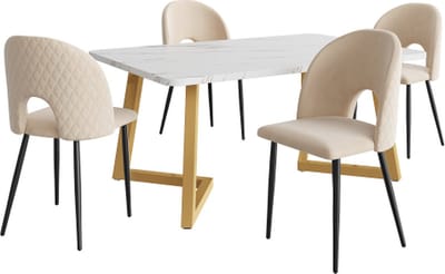 Eetset Eettafel met 4 stoelen Beige Fluweel Eetkamerstoel Verstelbare stoelpoten Keukentafelset Gouden tafelpoten