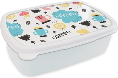 Broodtrommel Wit - Lunchbox - Brooddoos - Patronen - Koffiebonen - Koffie - IJs - 18x12x6 cm - Volwassenen