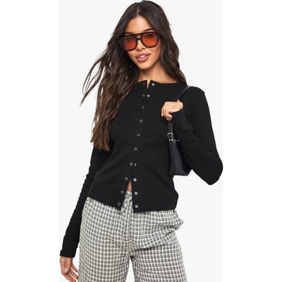 boohoo Dames Rib Popper Front Langmouwen Top | Zwart | Maat: 34