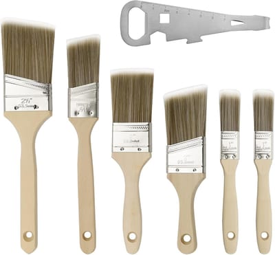 Kwastenset, 7 stuks, hoogwaardige lakkwasten, 25 mm, 38 mm, 50 mm, 64 mm, lazuurkwast met houten handvat, lakkwast, platte kwast en hoekkwast, kleine penselen, met verfdoosopener, voor