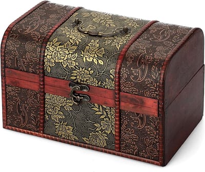 Houten schatkist opbergdoos met vintage deksel voor sieraden en snuisterijen, cadeau voor vrouwen, Kerstmis, verjaardag, decoratief, bladmotief (30 x 20 x 18 cm)