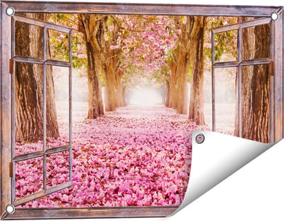 Gards Tuinposter Doorkijk Romantische Bomen Tunnel met Roze Anjers - 60x40 cm - Tuindoek - Tuindecoratie - Wanddecoratie buiten - Tuinschilderij