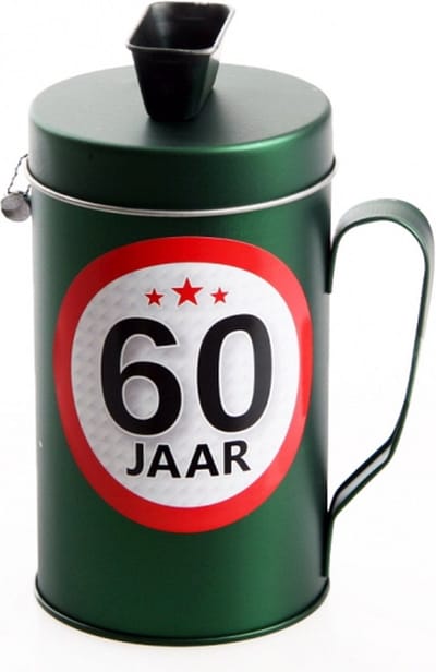 Spaarpot - 60 jaar geworden thema - verjaardag cadeau - Blik met sticker van 9 cm - blik in groen