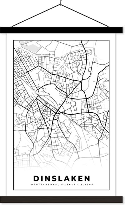 Posterhanger incl. Poster 40x60 cm - Schoolplaat - Stadskaart - Kaart - Dinslaken - Plattegrond - Textielposter - Zwarte latten - Stadskaart