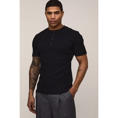 Muscle Fit Geribbeld Henley Hals Korte Mouw T-Shirt | Black | Size Small