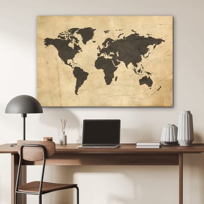 Aluminium schilderij 90x60 cm - Wanddecoratie metaal - Wereldkaart - Sepia - Vintage - Bruin - Metalen muurdecoratie woonkamer - Decoratie industrieel - Foto op dibond - Industriële accessoires slaapkamer