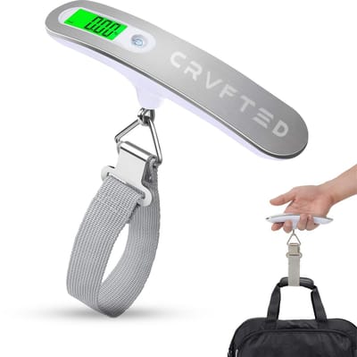 CRVFTED Kofferweegschaal incl. batterij - Reisaccessoires - Compact - Kofferweegschaal met Verlicht Scherm - Weegcapaciteit 50 kg - Bagageweegschaal - Bagageweger - Hangweegschaal - Kofferweger - kg/g/lbs/oz - Inclusief Batterij - Wit