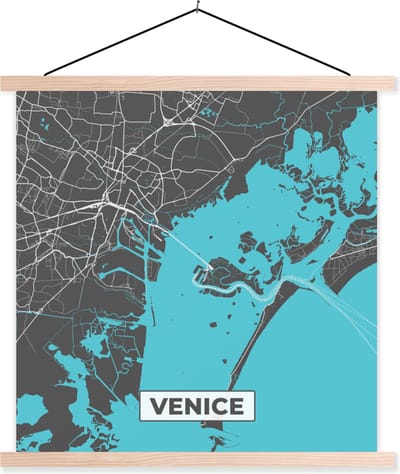 Posterhanger incl. Poster 40x40 cm - Schoolplaat - Venetië - Stadskaart - Plattegrond - Blauw - Kaart - Textielposter - Blanke latten - Stadskaart