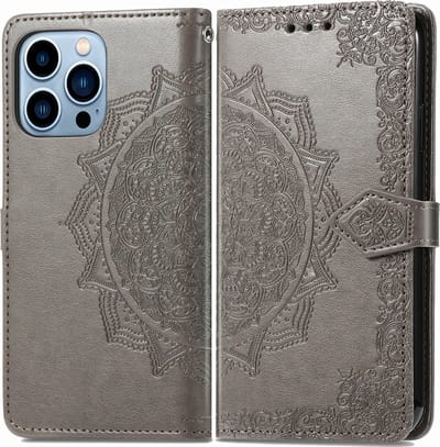 Bookcase geschikt voor Apple iPhone 13 Pro - Grijs - Bloemen - Portemonnee Hoesje
