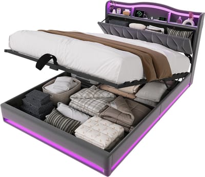 Hydraulisch Opbergbed 140x200 cm – Grijs Velours Tweepersoonsbed met Opberghoofdbord en RGB LED-Verlichting