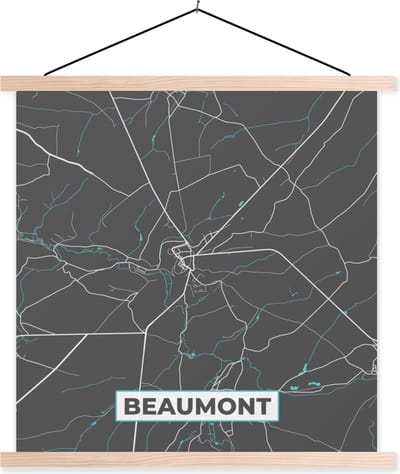Posterhanger incl. Poster 40x40 cm - Schoolplaat - Plattegrond – Beaumont – Blauw – Stadskaart - Kaart - Textielposter - Blanke latten - Stadskaart