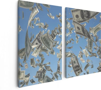 Artaza Canvas Schilderij Tweeluik Dollarbiljetten in de Lucht - Geld - 80x60 - Foto Op Canvas - Canvas Print