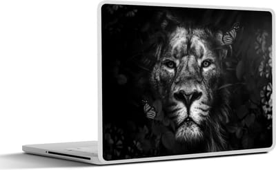 Laptop sticker - 13.3 inch - Leeuw met vlinders en bloemen in de jungle - zwart wit - 31x22,5cm - Laptopstickers - Laptop skin - Cover