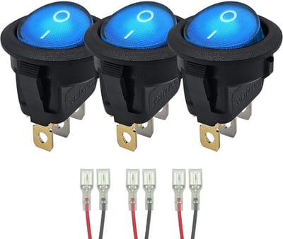 ProRide Wipschakelaar ON-OFF KCD2-12 - met Aansluitkabels - 3-pins - Rond - 12V/20A - Blauw - 3 stuks