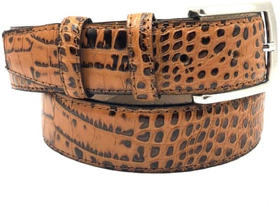 cognac print riem - nikkel gesp - 3.5 cm breed - maat 85 totale lengte 100 cm
