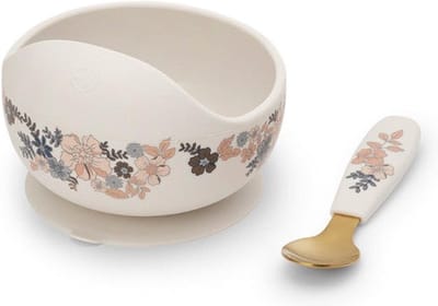 Elodie eetservies - Kom + lepel - Baby eetservies set - Baby Siliconen kommetje + lepel - Blue Garden Lt Placement