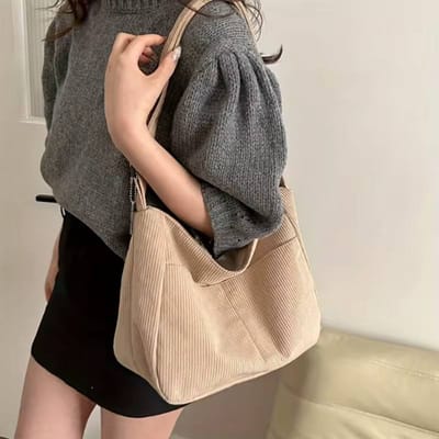 Dames Schoudertas van Corduroy, Casual Gestreepte Tote met Grote Capaciteit en Ritssluiting, Leuke Hoed Patch, Perfect voor Dagelijks Gebruik kaki