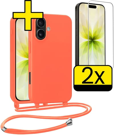 Hoesje Geschikt voor iPhone 17 Hoesje Met Koord Met 2x Screenprotector Siliconen Case - Hoes Geschikt voor iPhone 17 Backcover Met Afneembaar Koord - Papaya
