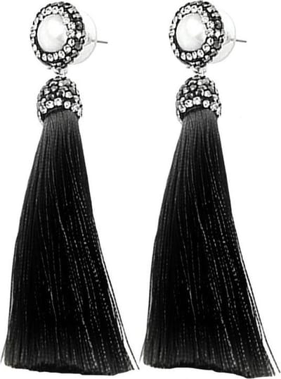 Zoetwater parel oorbellen Bright Pearl Black Tassel - oorstekers - echte parels - wit - zwart - zilver - stras steentjes - kwastje - parel oorbellen dames - parel oorknopjes - sieraden doosje
