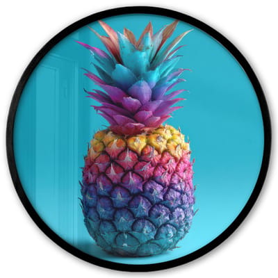 Poster in lijst Rond - Fotolijst 40x40 cm - Posters - Ananas - Regenboog - Blauw - Popart - Ronde posterlijst zwart - Decoratie - Wanddecoratie woonkamer - Muurdecoratie slaapkamer