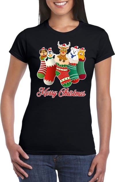 Bellatio Decorations Foute Kerst t-shirt - kerstsokken met diertjes - Merry Christmas - zwart - voor dames - kersttruien - kerstkleding S