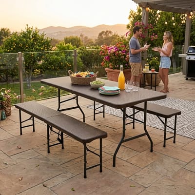 PHOEBE CAT Campingtafelset - 2 bankjes - Opvouwbaar - HDPE-tafelblad met houtlook - Waterbestendig - Bruin