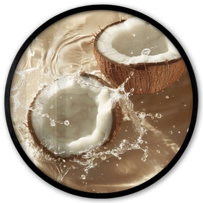 Poster in lijst Rond - Fotolijst 40x40 cm - Posters - Kokosnoot - Water - Beige - Spetters - Ronde posterlijst zwart - Decoratie - Wanddecoratie woonkamer - Muurdecoratie slaapkamer