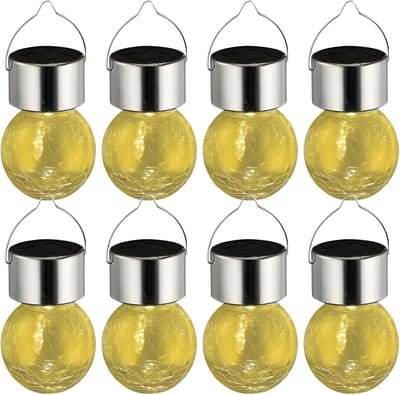 Sunnydays Solar sfeer hanglamp - 8x - tuin - lampenbol - geel - glas - 9 cm - ophang haakje
