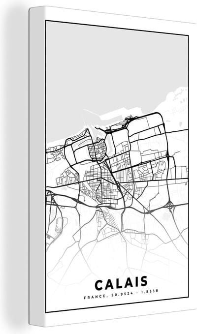 Canvas Schilderij Stadskaart - Frankrijk - Calais - Kaart - Plattegrond - Zwart wit - 20x30 cm - Wanddecoratie