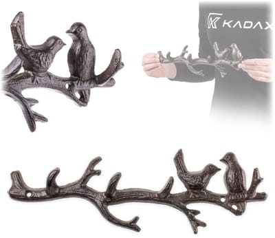 KADAX gietijzeren kapstok 31,5 x 10,5 cm, rustieke wandkapstok in takkenmotief met 2 vogels, wandkapstok voor wandmontage, wandkapstokhaken (bruin)
