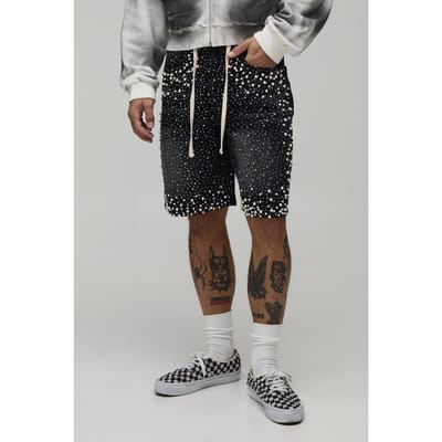 Ontspannen Denim Shorts Met Strass En Verlengd Trekkoord | Washed Black | Size 40R