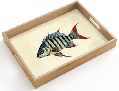 Dienblad hout 40x30 cm - Schootdienblad - Gestreept - Donkerblauw - Rugvin - Vis - Borrelplank rechthoek - Plateau dienbladen