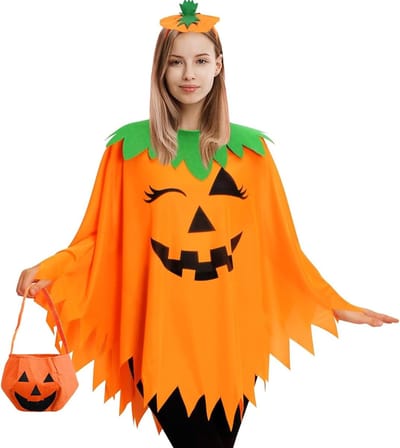 Vrouwelijk Pompoen Kostuum voor Halloween met Hoofdband en Snoepzak - Perfect voor Carnaval en Feestjes