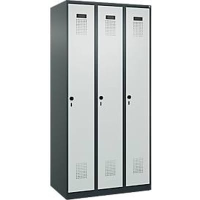 C+P Evolo Plus garderobekast, 3 vakken, rechts scharnierend, veiligheidsdraaistang, B 900 x D 500 x H 1850 mm, antracietgrijs/lichtgrijs