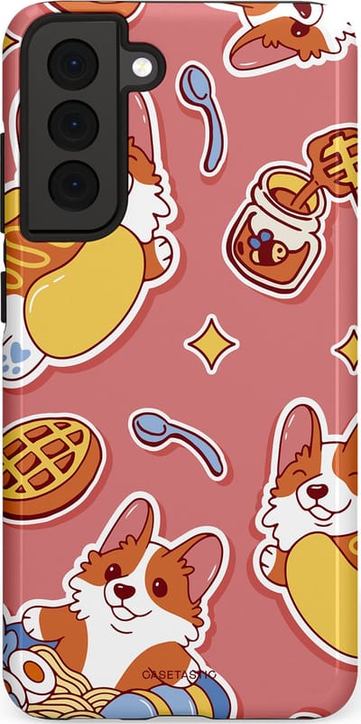 Casetastic Hoesje Geschikt voor Samsung S21 FE - Stijlvolle Beschermende Duo-layer Case - Corgi snacks