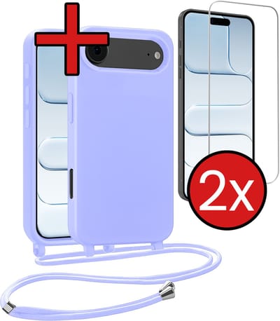 Hoesje Geschikt voor iPhone Air Hoesje Siliconen Case Met Koord Met 2x Screenprotector - Hoes Geschikt voor iPhone Air Hoesje Backcover Met Telefoonkoord - Lila
