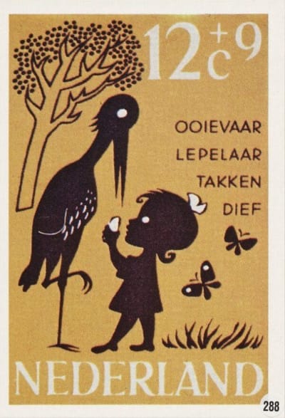 Briefkaart met afbeelding Kinderrijmpje : Ooievaar lepelaar-takkendief postzegel