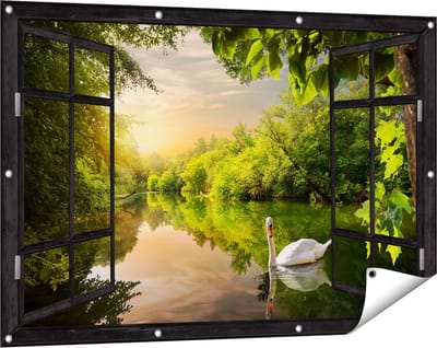 Gards Tuinposter Doorkijk Zwaan op het Water in het Bos - 120x80 cm - Tuindoek - Tuindecoratie - Wanddecoratie buiten - Tuinschilderij